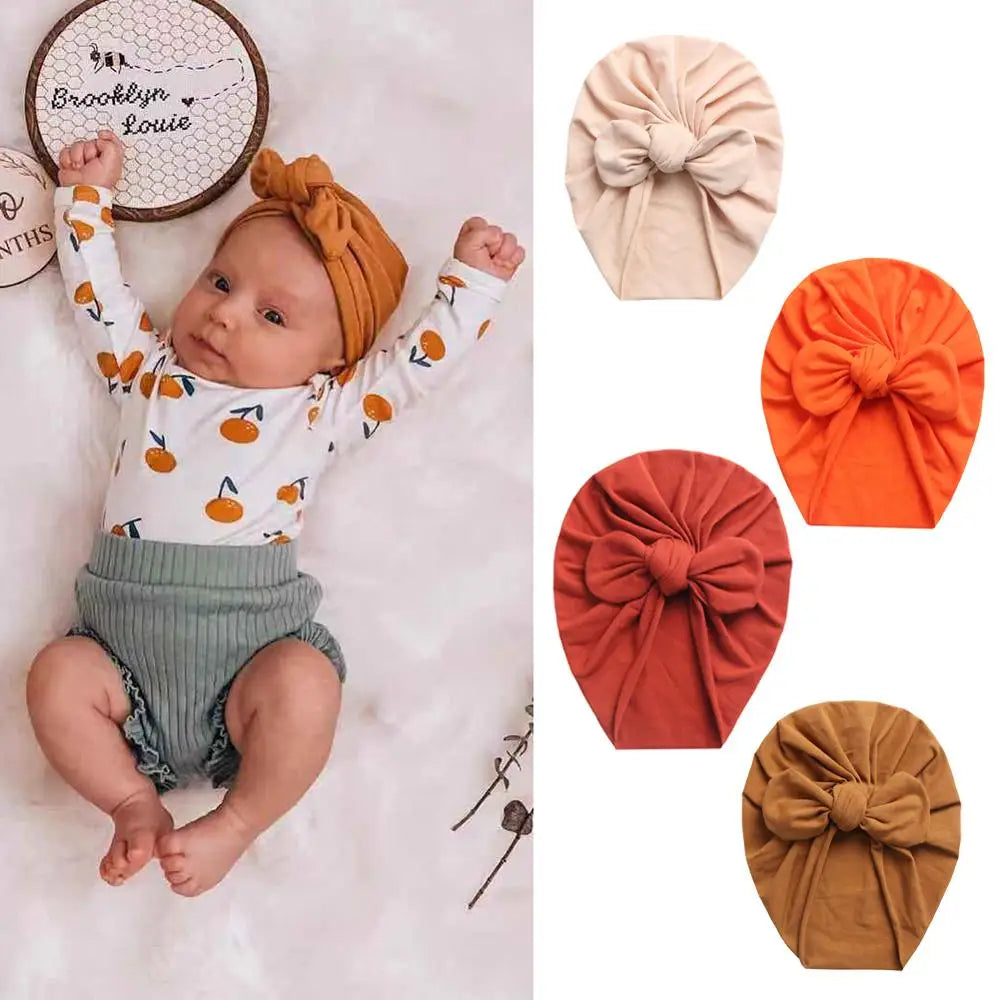 Solid Baby Cotton Beanies Cute Bear Ear Bowknot Turban Hats Sweet Soft 0-4T Elastic Caps for Newborn Baby Boy Girls Headwraps