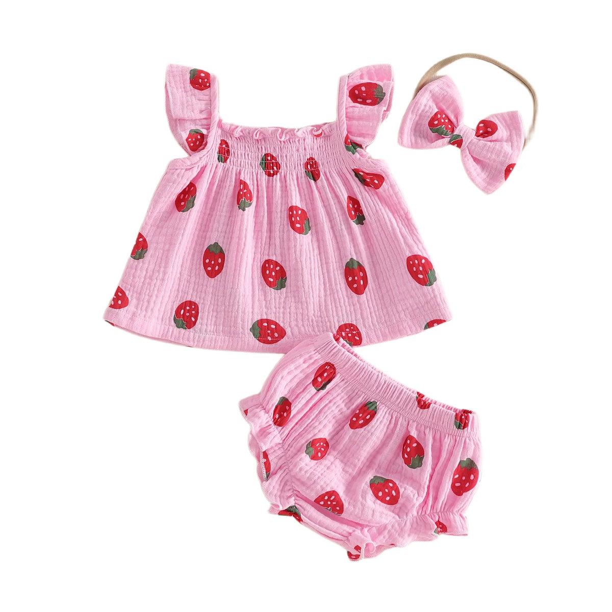 Citgeett Summer Infant Baby Girl Strawberry Outfit Flying Sleeve Tops Ruffle Shorts Bow Headband Cute Clothes