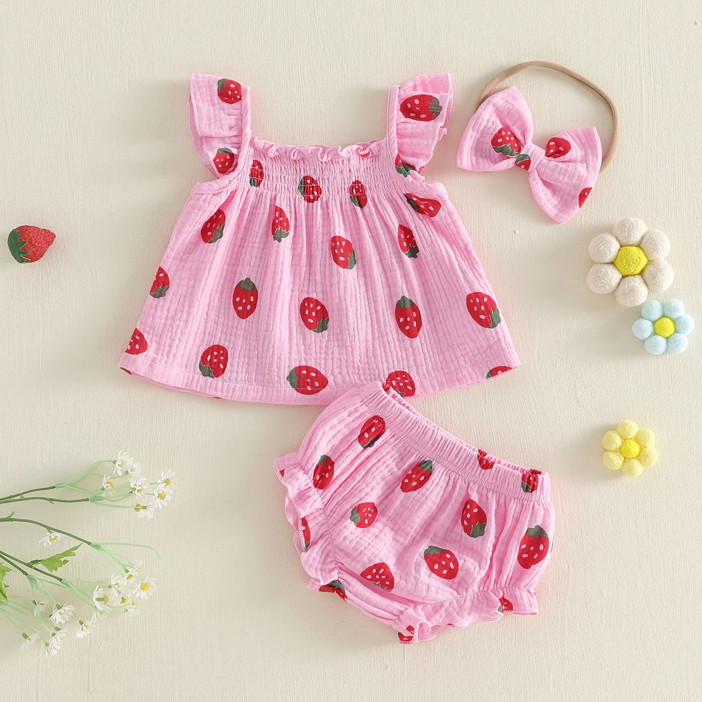 Citgeett Summer Infant Baby Girl Strawberry Outfit Flying Sleeve Tops Ruffle Shorts Bow Headband Cute Clothes