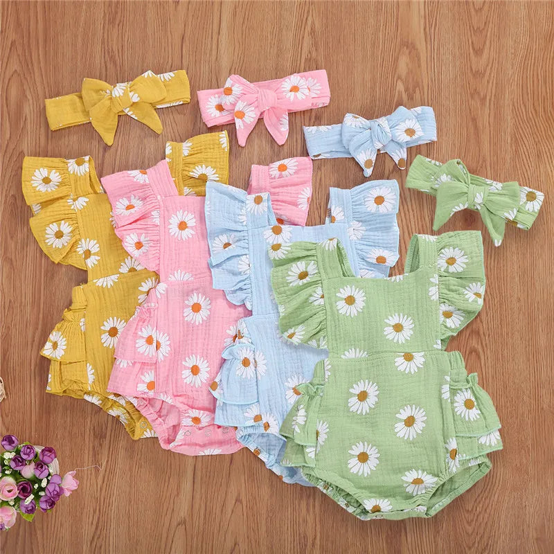 0-24months Infant Girls Bodysuit Sleeveless Ruffled Chrysanthemum Floral Print Girls Romper + Bowknot Headband Clothes Set
