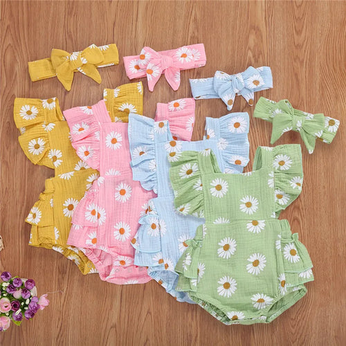 0-24months Infant Girls Bodysuit Sleeveless Ruffled Chrysanthemum Floral Print Girls Romper + Bowknot Headband Clothes Set