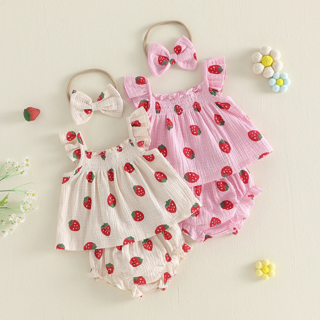 Citgeett Summer Infant Baby Girl Strawberry Outfit Flying Sleeve Tops Ruffle Shorts Bow Headband Cute Clothes