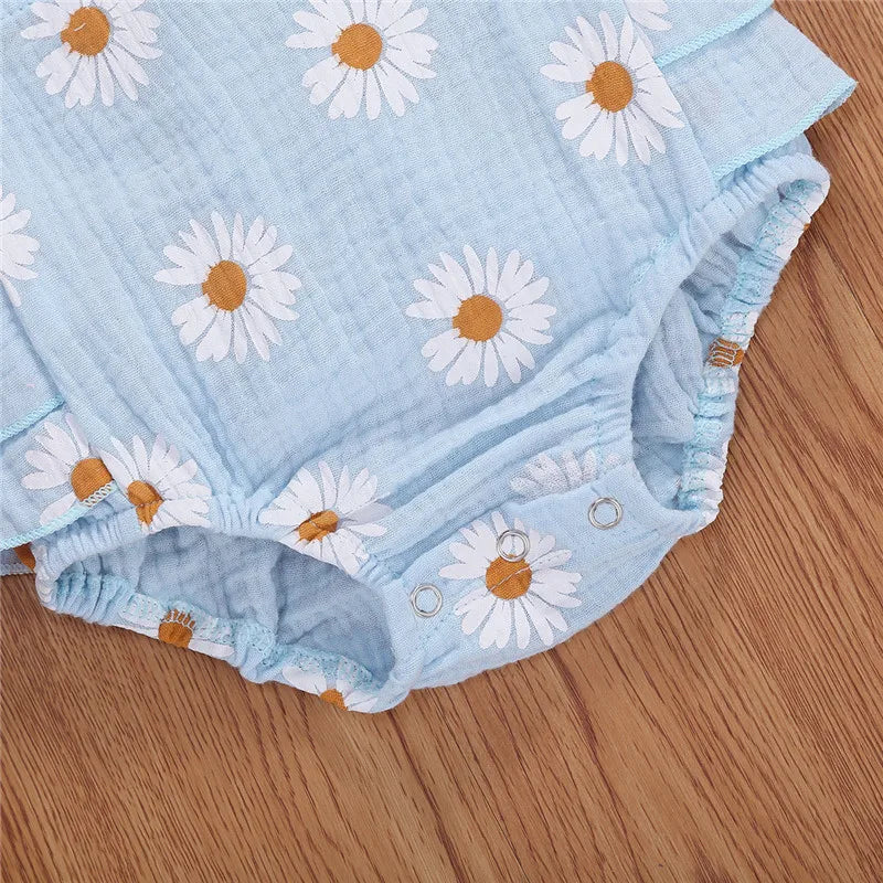 0-24months Infant Girls Bodysuit Sleeveless Ruffled Chrysanthemum Floral Print Girls Romper + Bowknot Headband Clothes Set