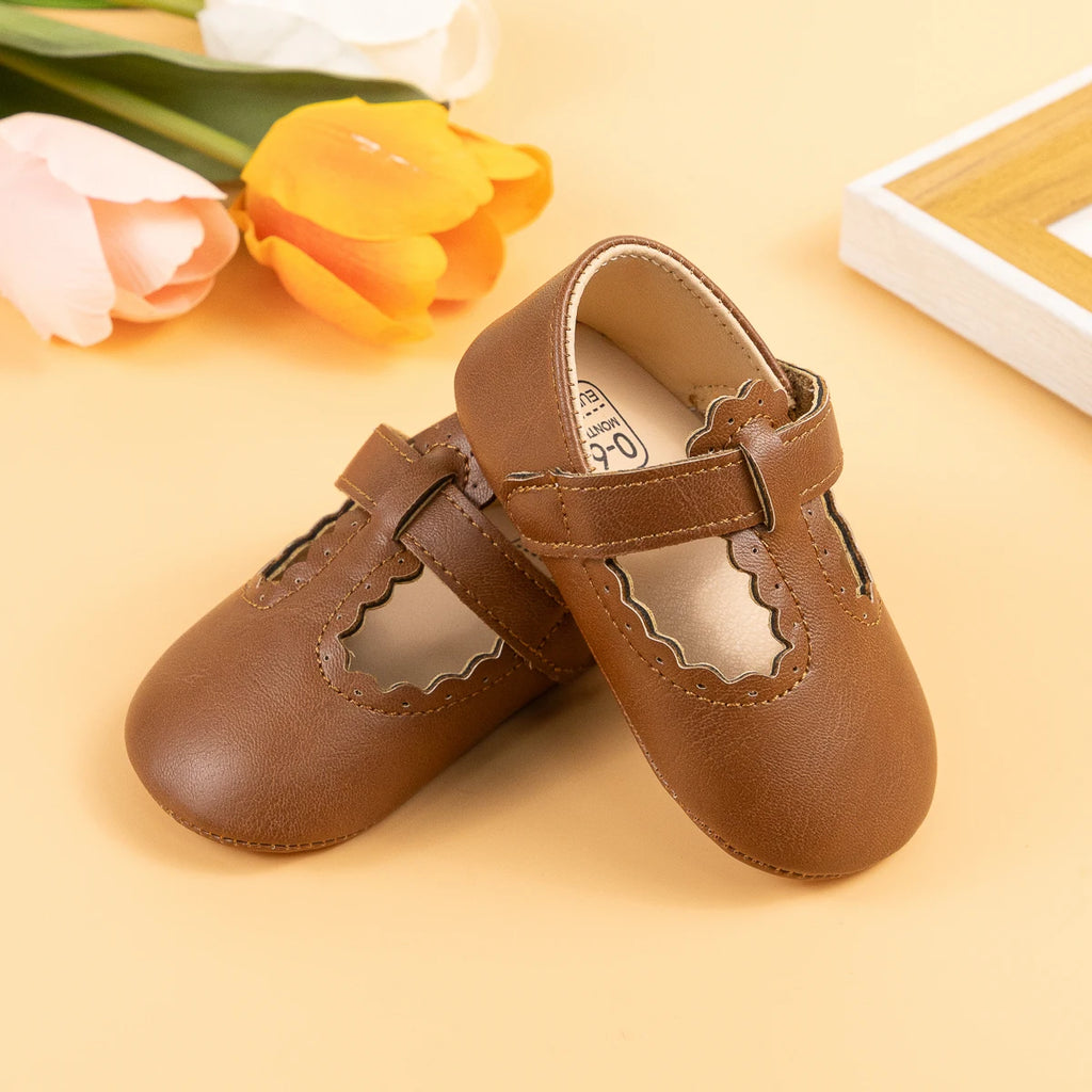 Meckior Baby Girl Soft Sole Scalloped Buckle Crib Shoes Non-Slip Infant First Walkers