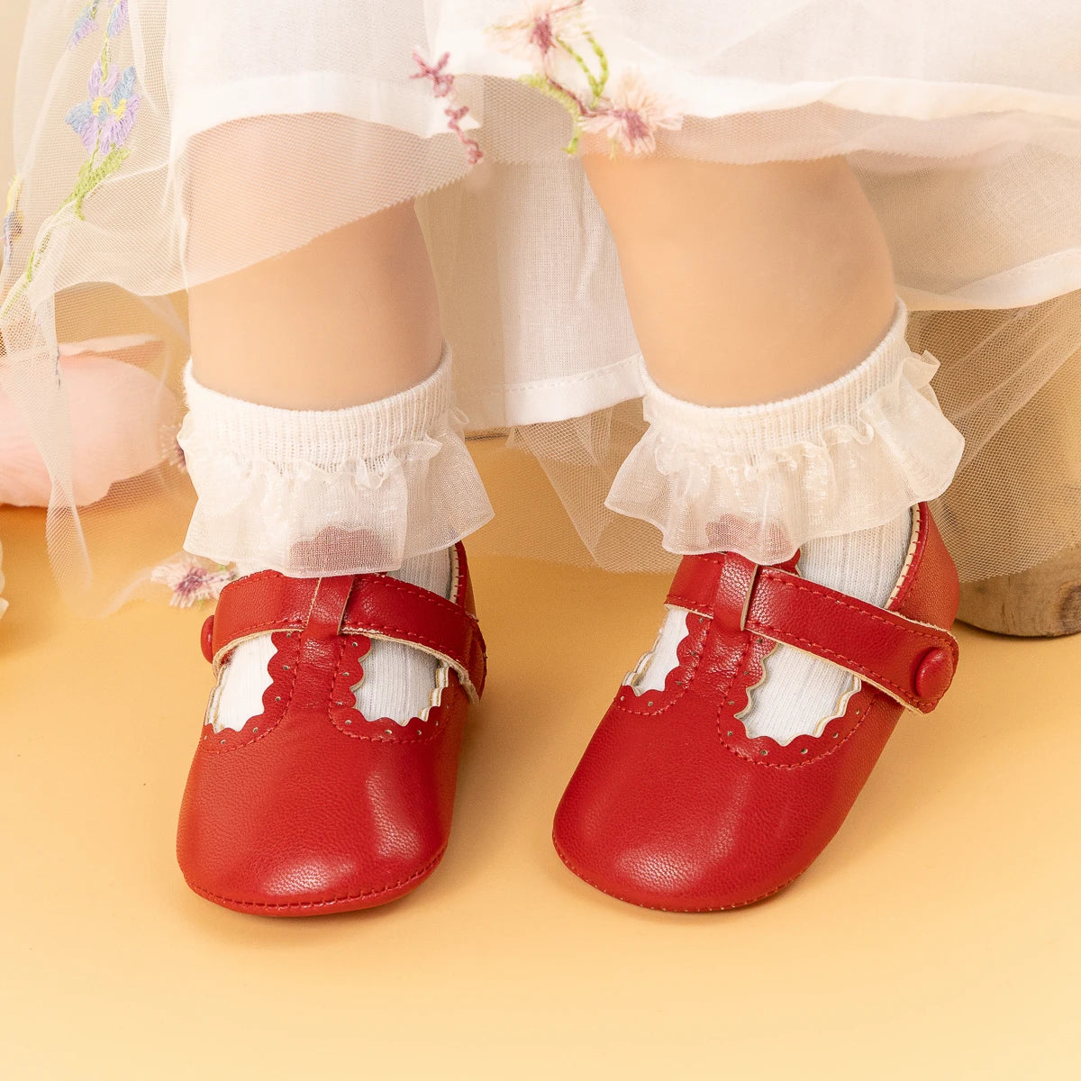 Meckior Baby Girl Soft Sole Scalloped Buckle Crib Shoes Non-Slip Infant First Walkers