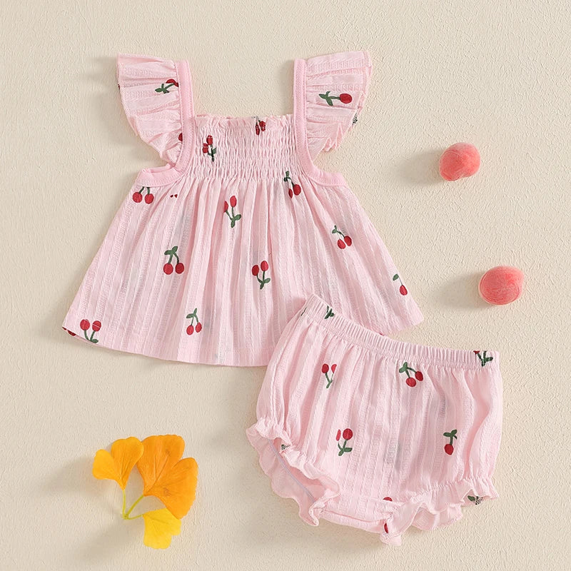 Baby Girl Shorts Set Cherry Print Smocked Fly Sleeve Babydoll Tops Elastic Waist Ruffle Shorts 2 Piece Summer Outfit