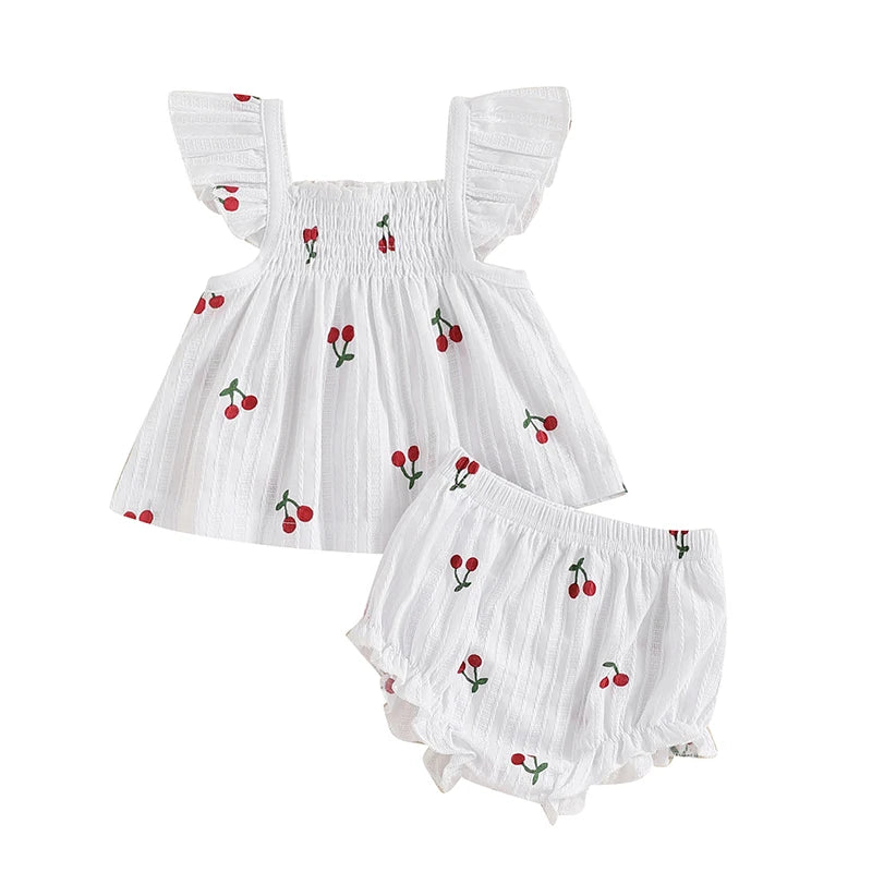 Baby Girl Shorts Set Cherry Print Smocked Fly Sleeve Babydoll Tops Elastic Waist Ruffle Shorts 2 Piece Summer Outfit