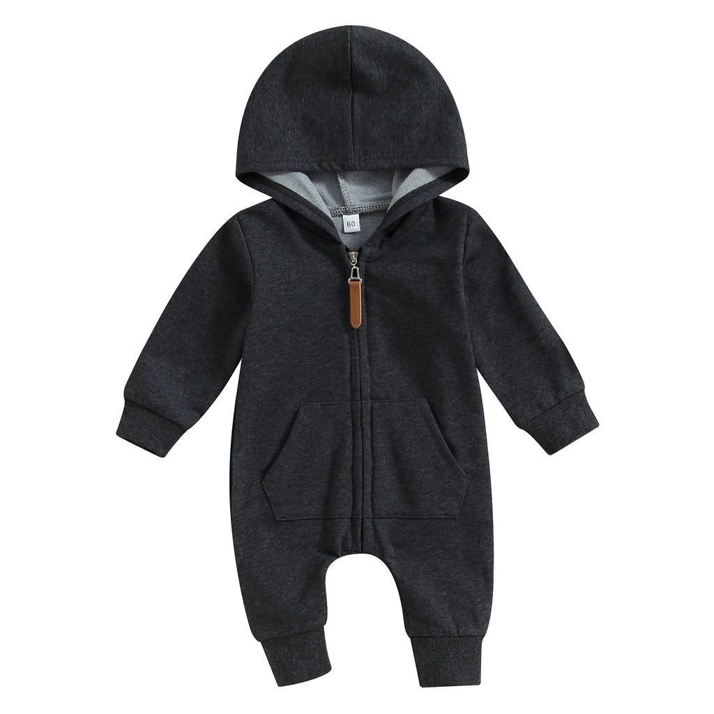Citgeett Autumn Infant Baby Boys Girls Fall Jumpsuits Long Sleeve Solid Color Zipper Hooded Rompers Outfit