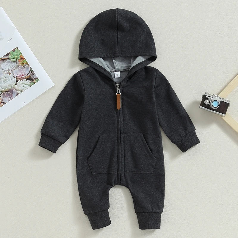 Citgeett Autumn Infant Baby Boys Girls Fall Jumpsuits Long Sleeve Solid Color Zipper Hooded Rompers Outfit