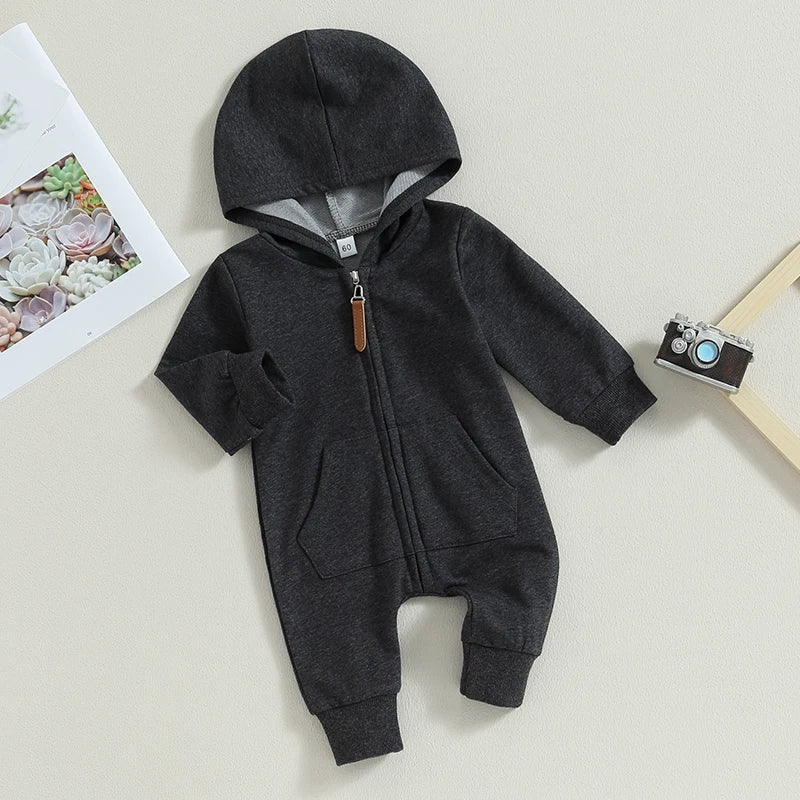 Citgeett Autumn Infant Baby Boys Girls Fall Jumpsuits Long Sleeve Solid Color Zipper Hooded Rompers Outfit