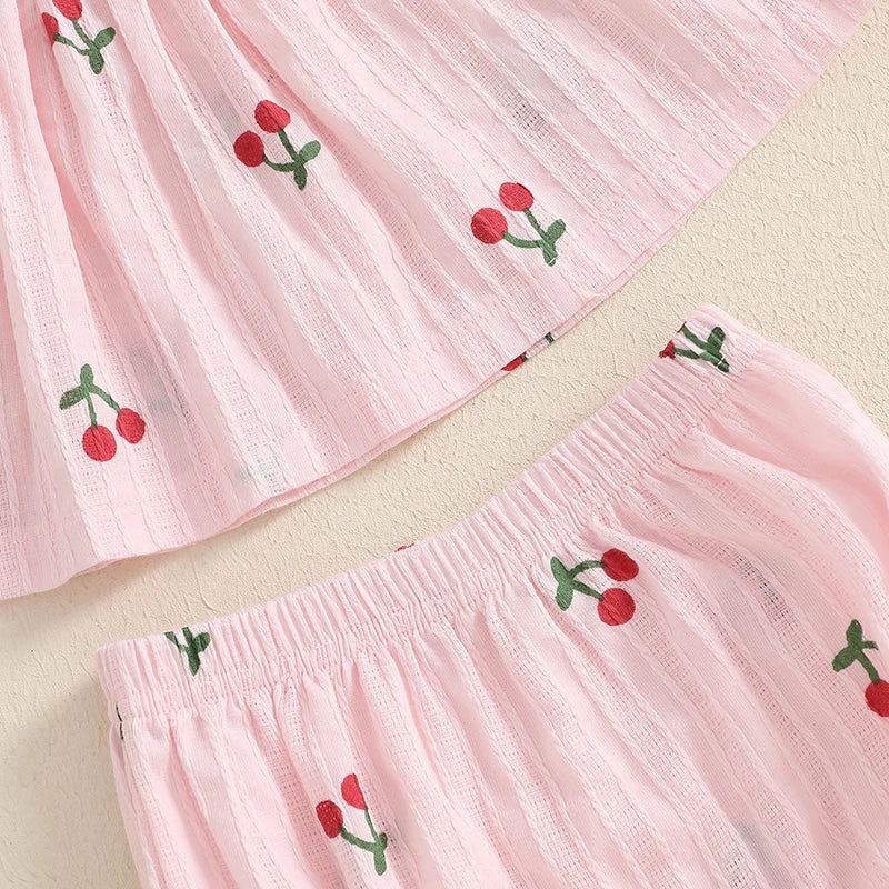Baby Girl Shorts Set Cherry Print Smocked Fly Sleeve Babydoll Tops Elastic Waist Ruffle Shorts 2 Piece Summer Outfit