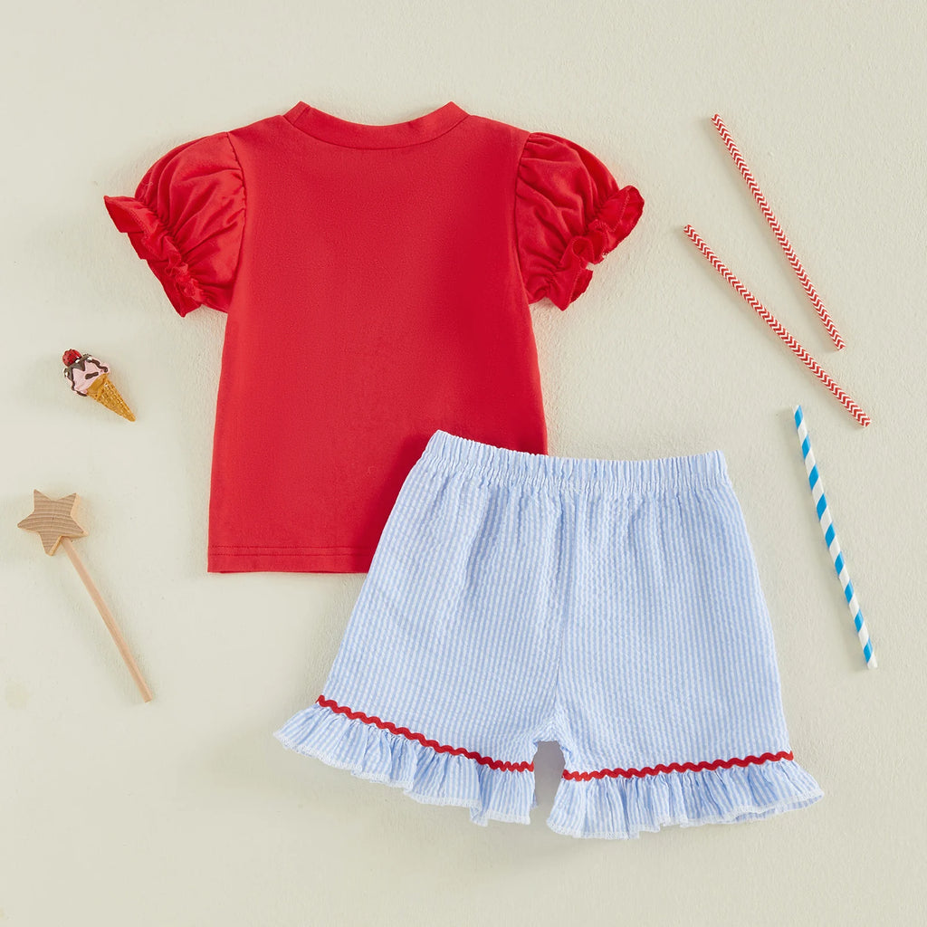 Citgeett Summer Kids Girls Independence Day Outfits Ice Cream Embroidery Short Sleeve Tops Striped Shorts Clothes Set