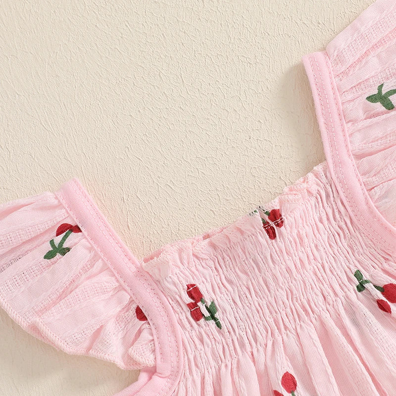 Baby Girl Shorts Set Cherry Print Smocked Fly Sleeve Babydoll Tops Elastic Waist Ruffle Shorts 2 Piece Summer Outfit