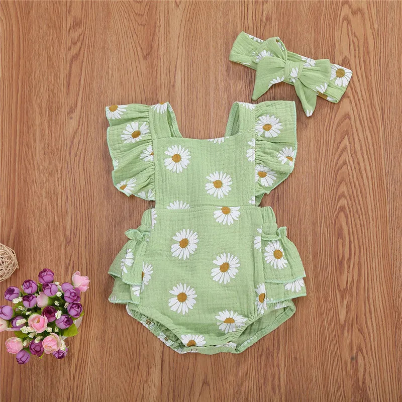 0-24months Infant Girls Bodysuit Sleeveless Ruffled Chrysanthemum Floral Print Girls Romper + Bowknot Headband Clothes Set