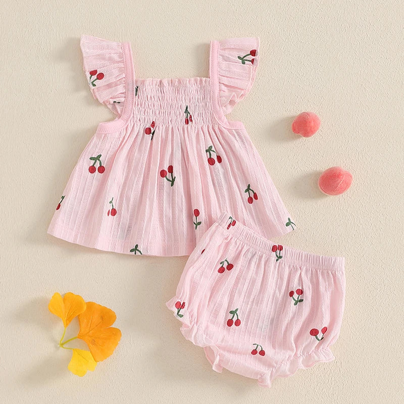 Baby Girl Shorts Set Cherry Print Smocked Fly Sleeve Babydoll Tops Elastic Waist Ruffle Shorts 2 Piece Summer Outfit