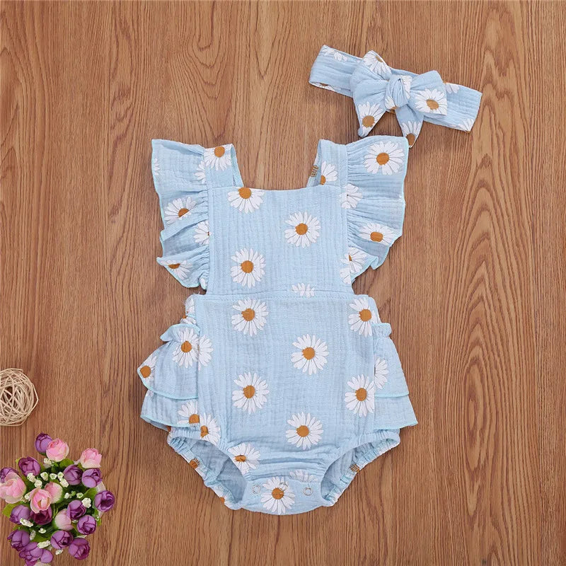 0-24months Infant Girls Bodysuit Sleeveless Ruffled Chrysanthemum Floral Print Girls Romper + Bowknot Headband Clothes Set