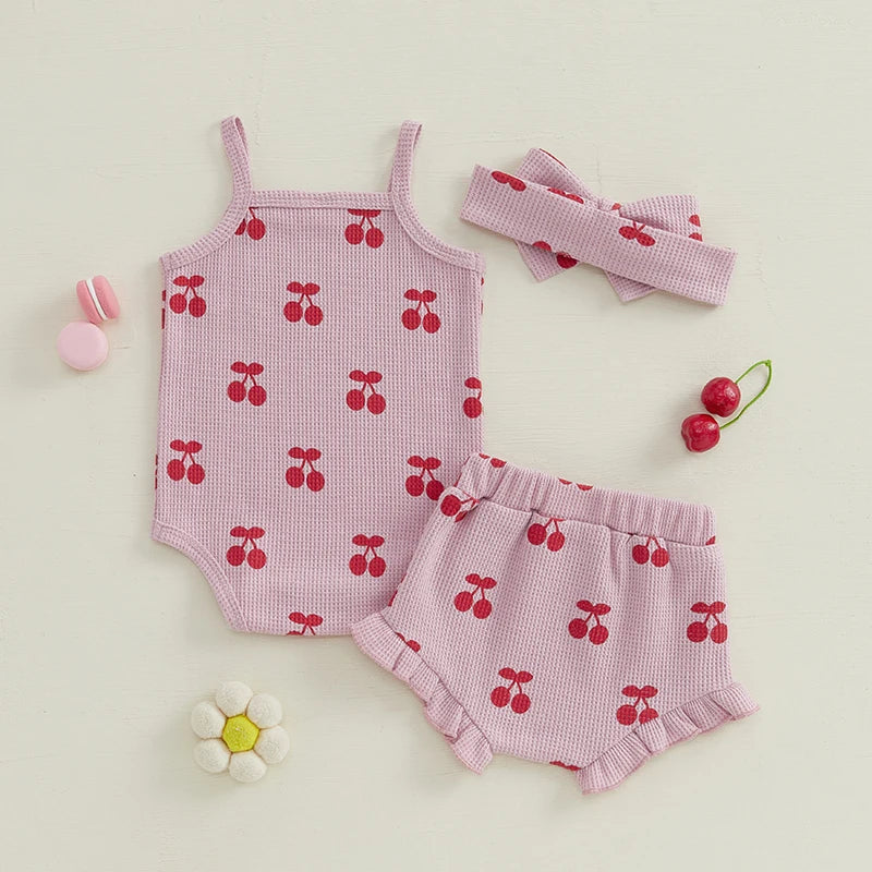 Baby Girls Summer Shorts Outfits Sleeveless Cherry Print Romper Drawstring Shorts Headband Sets