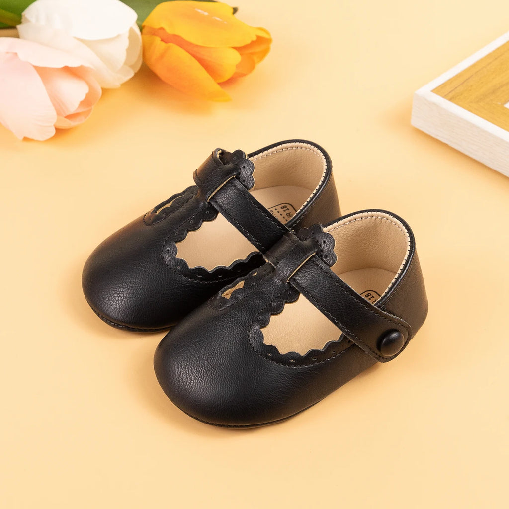 Meckior Baby Girl Soft Sole Scalloped Buckle Crib Shoes Non-Slip Infant First Walkers