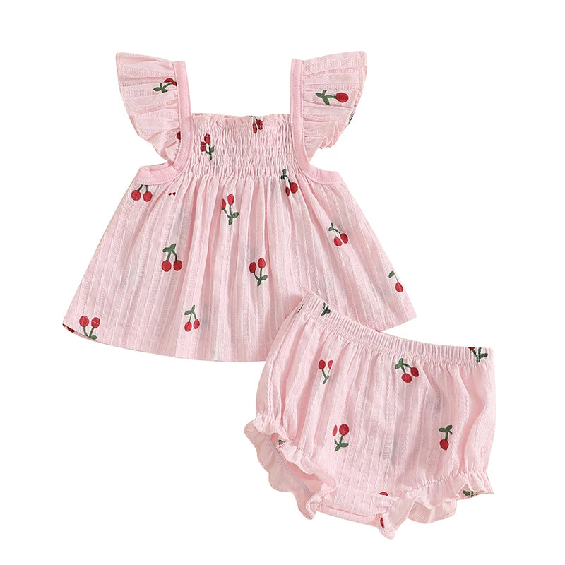 Baby Girl Shorts Set Cherry Print Smocked Fly Sleeve Babydoll Tops Elastic Waist Ruffle Shorts 2 Piece Summer Outfit