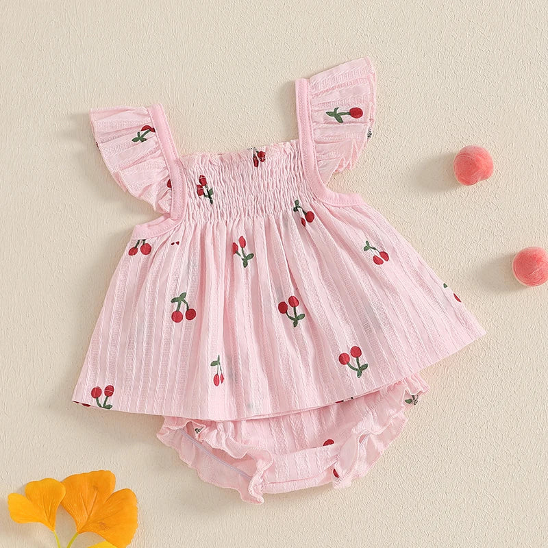 Baby Girl Shorts Set Cherry Print Smocked Fly Sleeve Babydoll Tops Elastic Waist Ruffle Shorts 2 Piece Summer Outfit
