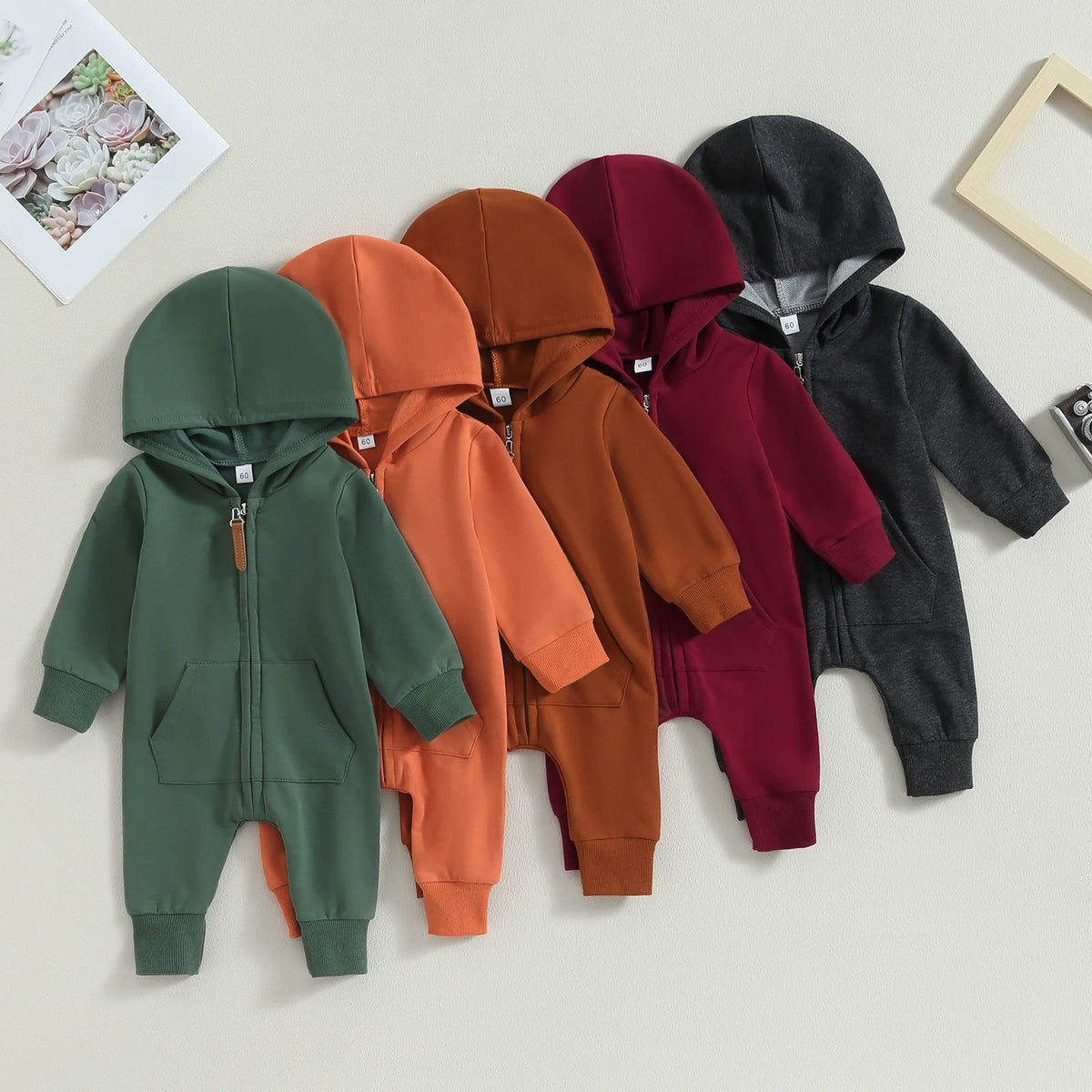 Citgeett Autumn Infant Baby Boys Girls Fall Jumpsuits Long Sleeve Solid Color Zipper Hooded Rompers Outfit