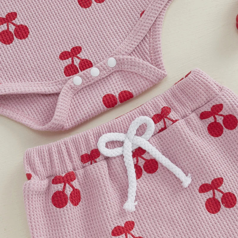Baby Girls Summer Shorts Outfits Sleeveless Cherry Print Romper Drawstring Shorts Headband Sets
