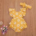 0-24months Infant Girls Bodysuit Sleeveless Ruffled Chrysanthemum Floral Print Girls Romper + Bowknot Headband Clothes Set
