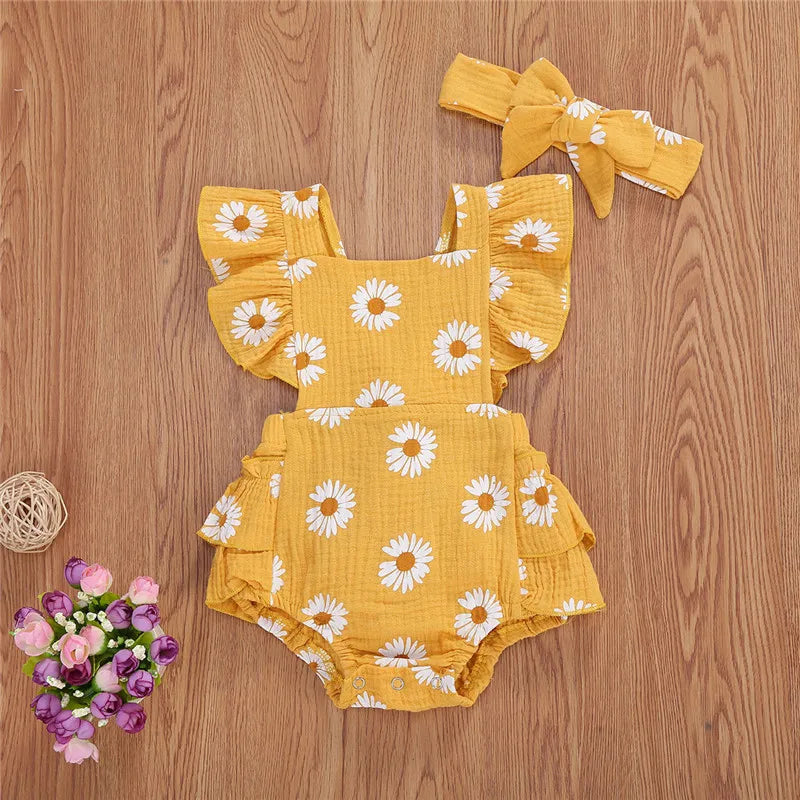 0-24months Infant Girls Bodysuit Sleeveless Ruffled Chrysanthemum Floral Print Girls Romper + Bowknot Headband Clothes Set