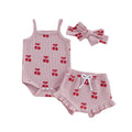 Baby Girls Summer Shorts Outfits Sleeveless Cherry Print Romper Drawstring Shorts Headband Sets