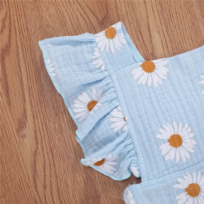 0-24months Infant Girls Bodysuit Sleeveless Ruffled Chrysanthemum Floral Print Girls Romper + Bowknot Headband Clothes Set