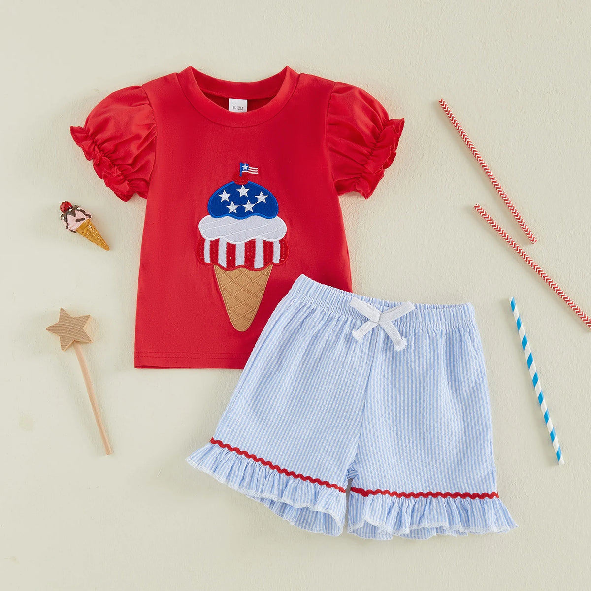Citgeett Summer Kids Girls Independence Day Outfits Ice Cream Embroidery Short Sleeve Tops Striped Shorts Clothes Set