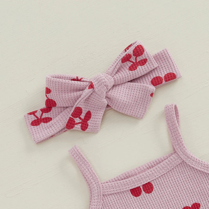 Baby Girls Summer Shorts Outfits Sleeveless Cherry Print Romper Drawstring Shorts Headband Sets