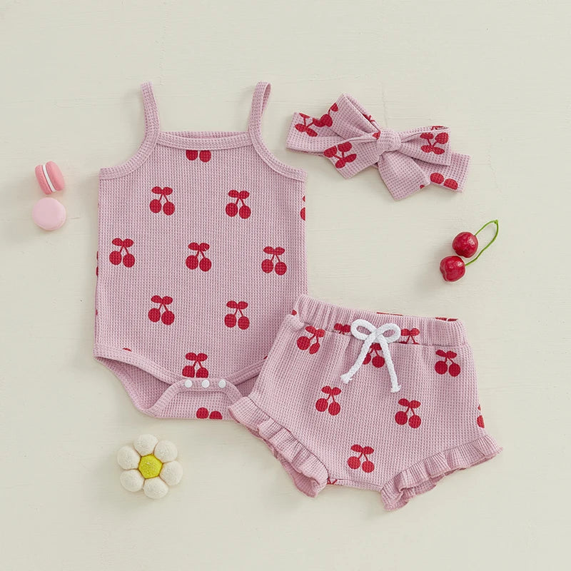 Baby Girls Summer Shorts Outfits Sleeveless Cherry Print Romper Drawstring Shorts Headband Sets