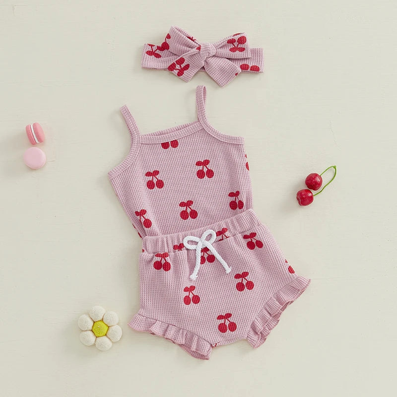 Baby Girls Summer Shorts Outfits Sleeveless Cherry Print Romper Drawstring Shorts Headband Sets