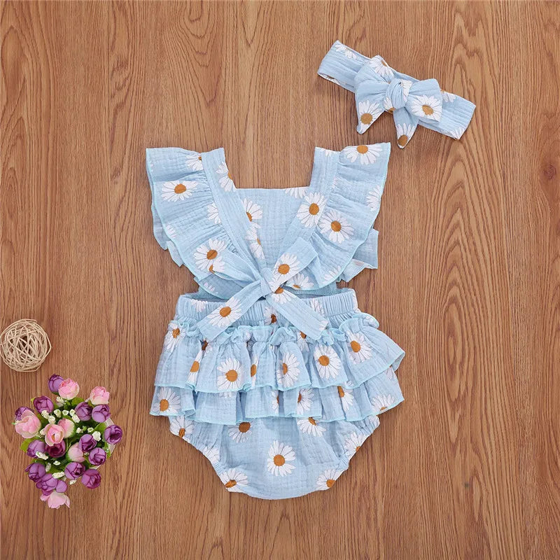 0-24months Infant Girls Bodysuit Sleeveless Ruffled Chrysanthemum Floral Print Girls Romper + Bowknot Headband Clothes Set