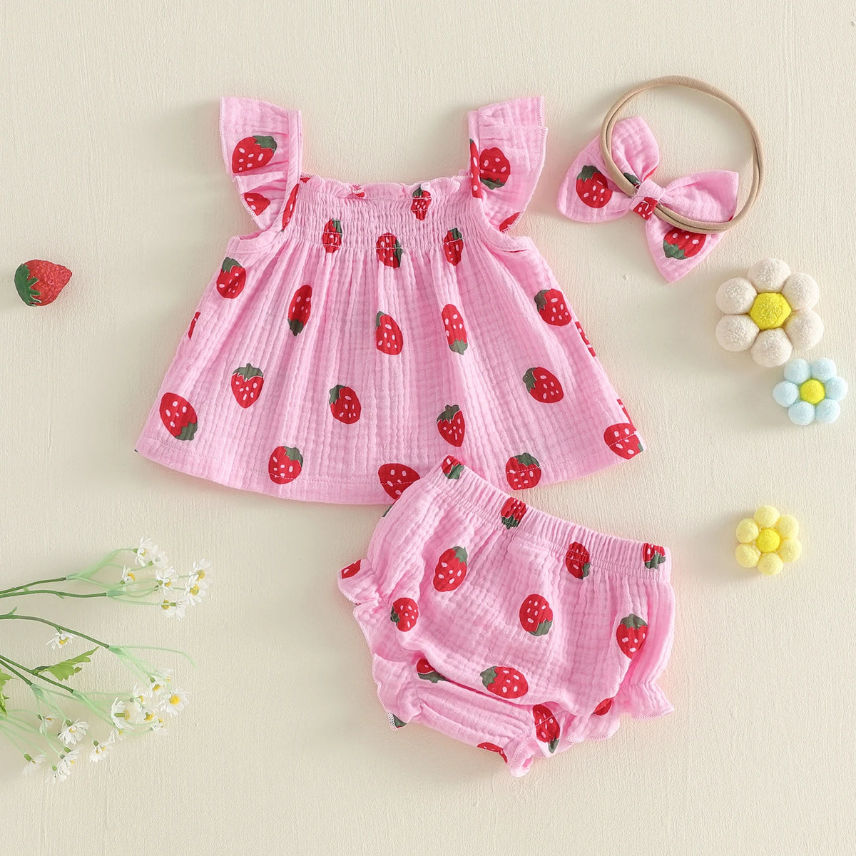 Citgeett Summer Infant Baby Girl Strawberry Outfit Flying Sleeve Tops Ruffle Shorts Bow Headband Cute Clothes