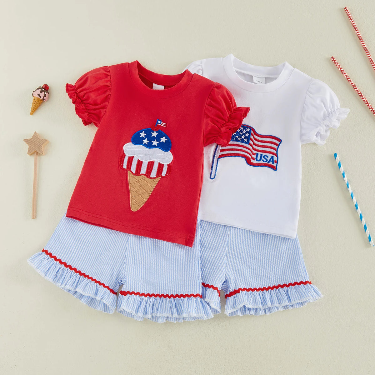 Citgeett Summer Kids Girls Independence Day Outfits Ice Cream Embroidery Short Sleeve Tops Striped Shorts Clothes Set