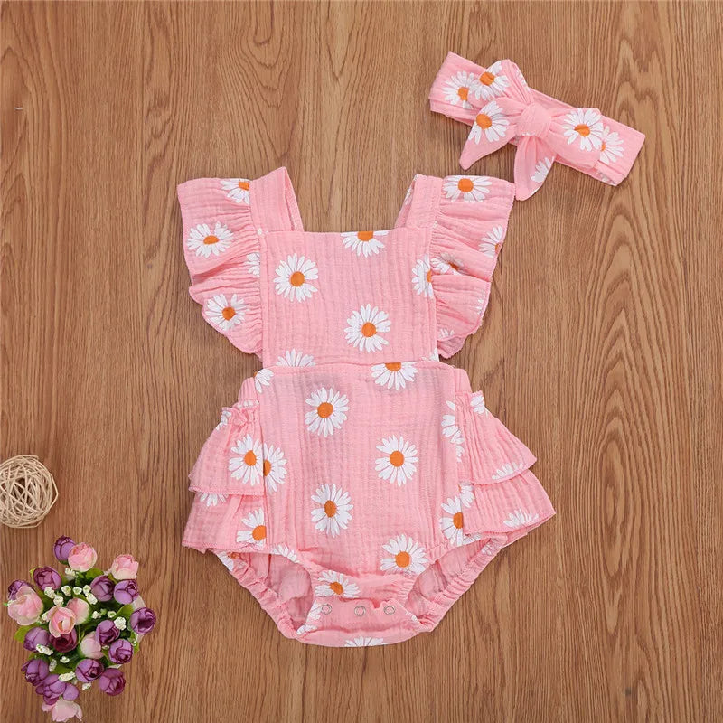 0-24months Infant Girls Bodysuit Sleeveless Ruffled Chrysanthemum Floral Print Girls Romper + Bowknot Headband Clothes Set