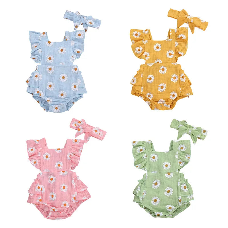 0-24months Infant Girls Bodysuit Sleeveless Ruffled Chrysanthemum Floral Print Girls Romper + Bowknot Headband Clothes Set